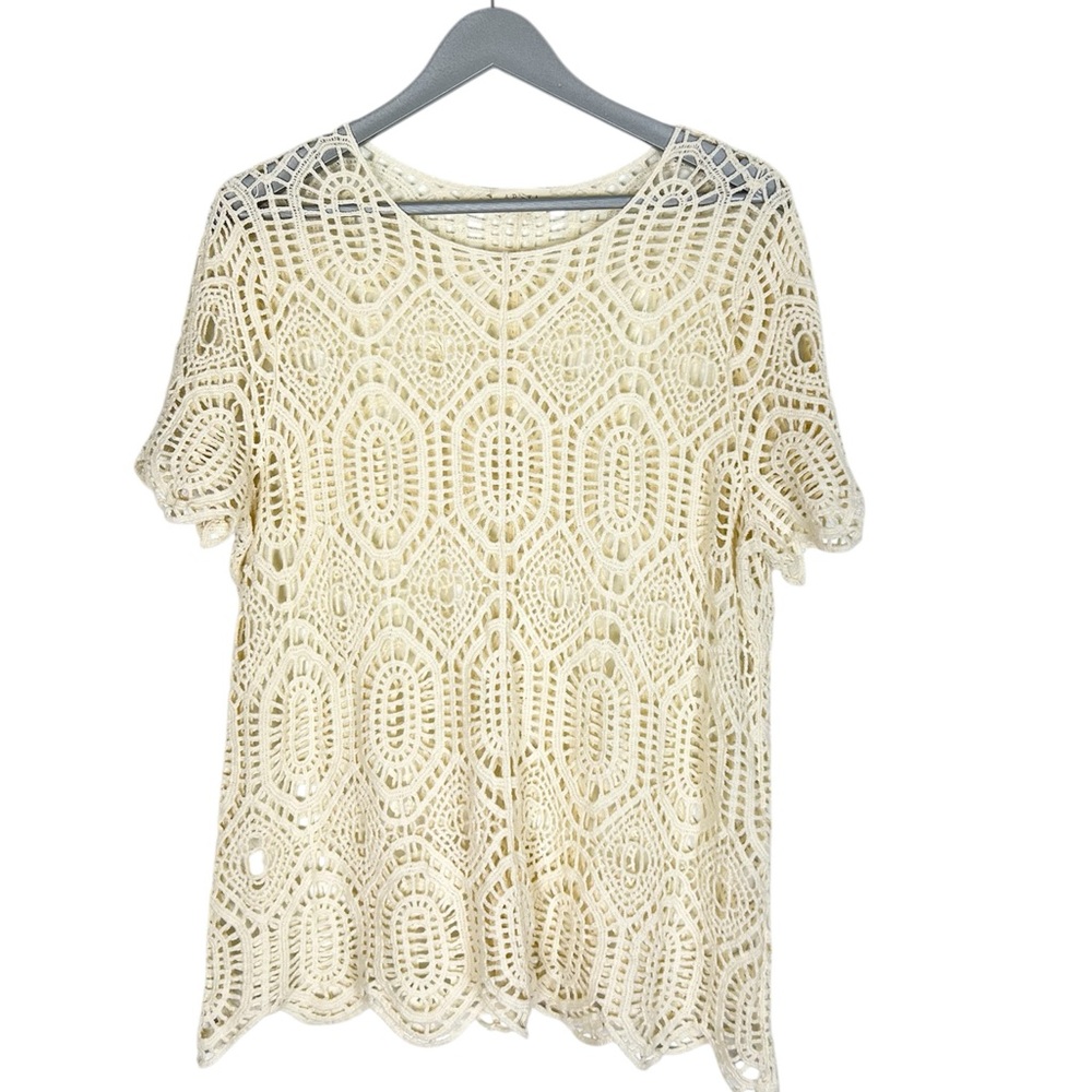 Crochet lace top‎ cream color scalloped hem short sleeve 1X